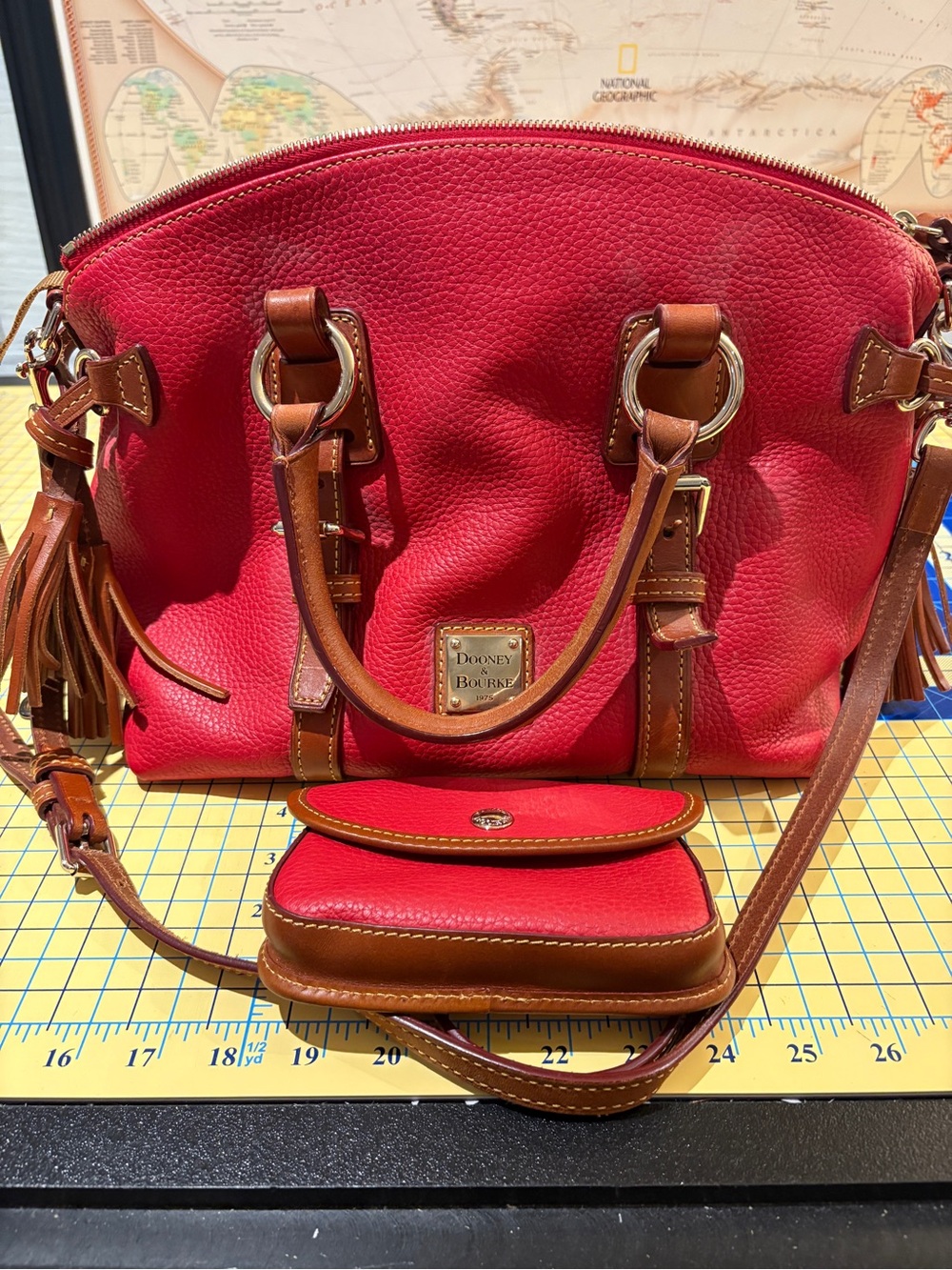 Dooney & Bourke Red Pebbled Leather Satchel with Brown Trim and Pouch
